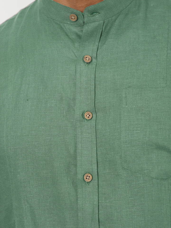 Trevor - Pure Linen Mandarin Collar Half Sleeve Shirt - Smoke Green