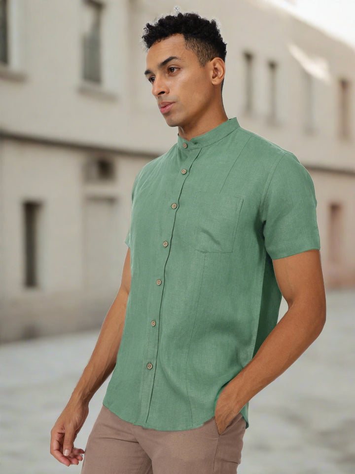Trevor - Pure Linen Mandarin Collar Half Sleeve Shirt - Smoke Green
