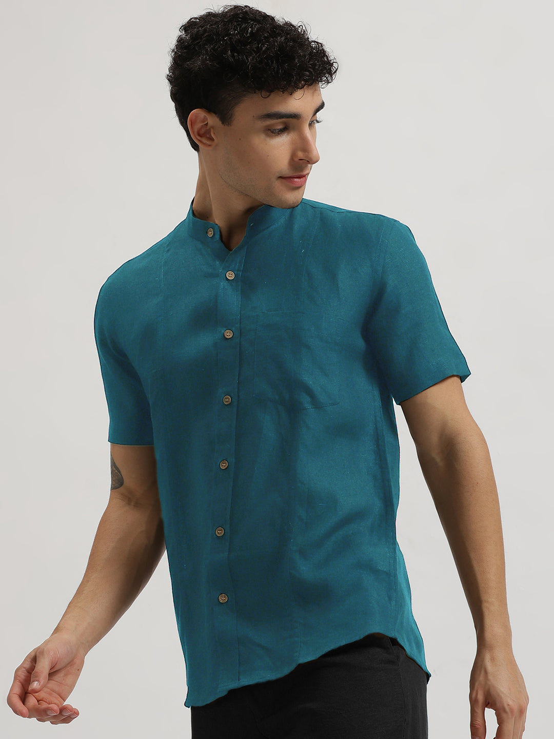 Trevor - Pure Linen Mandarin Collar Half Sleeve Shirt - Peacock Blue