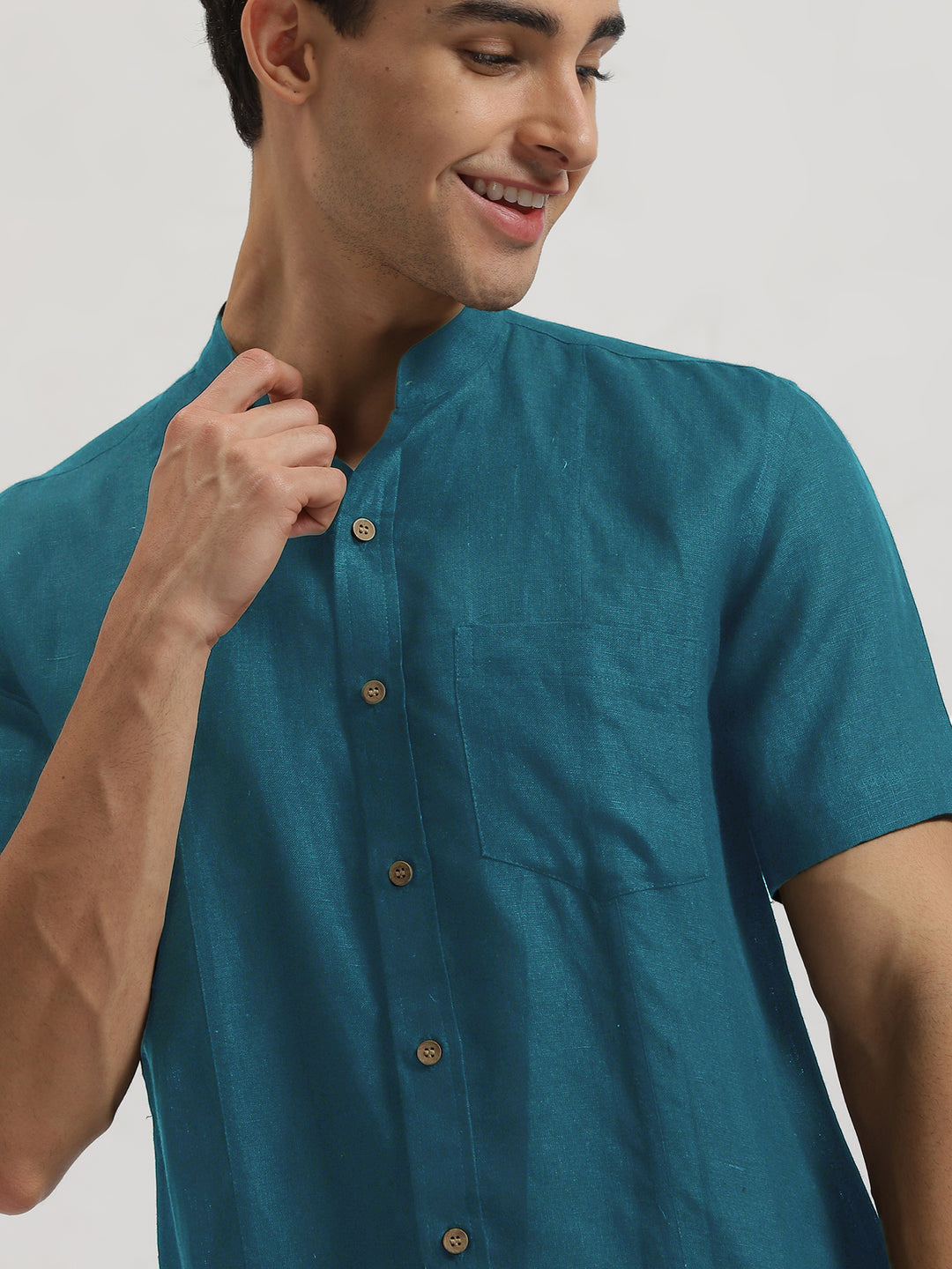 Trevor - Pure Linen Mandarin Collar Half Sleeve Shirt - Peacock Blue