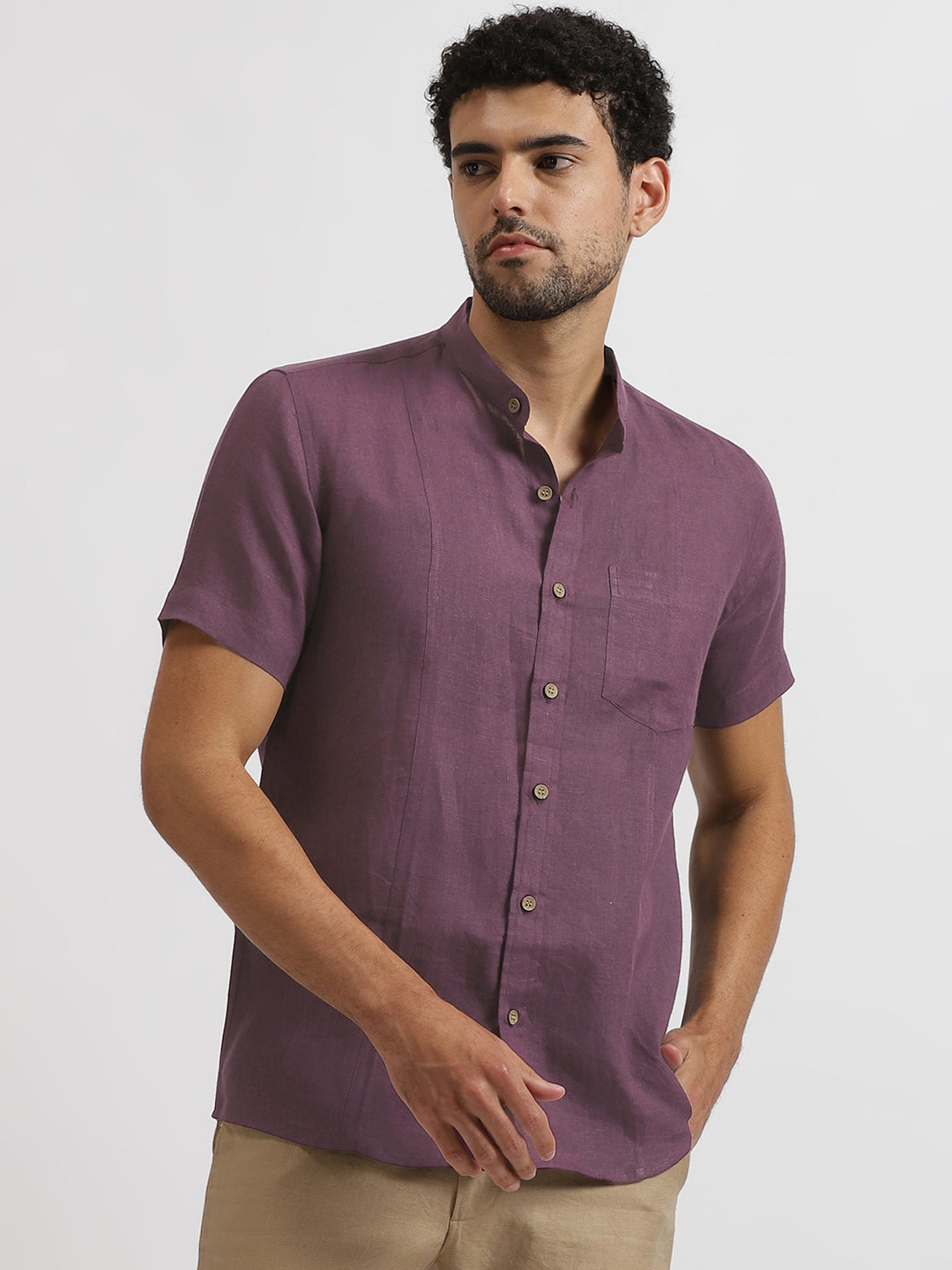 Trevor - Pure Linen Mandarin Collar Half Sleeve Shirt - Berry Purple