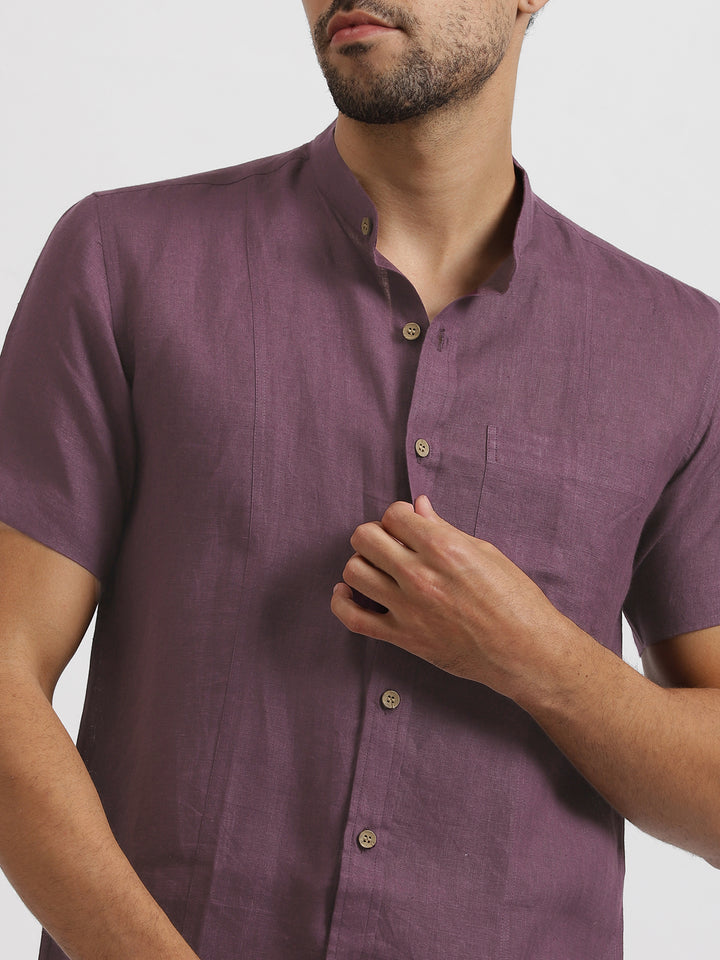 Trevor - Pure Linen Mandarin Collar Half Sleeve Shirt - Berry Purple