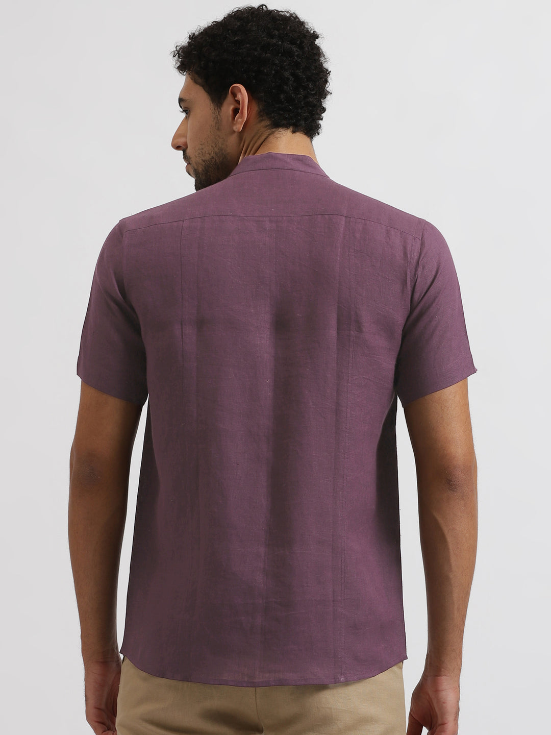 Trevor - Pure Linen Mandarin Collar Half Sleeve Shirt - Berry Purple