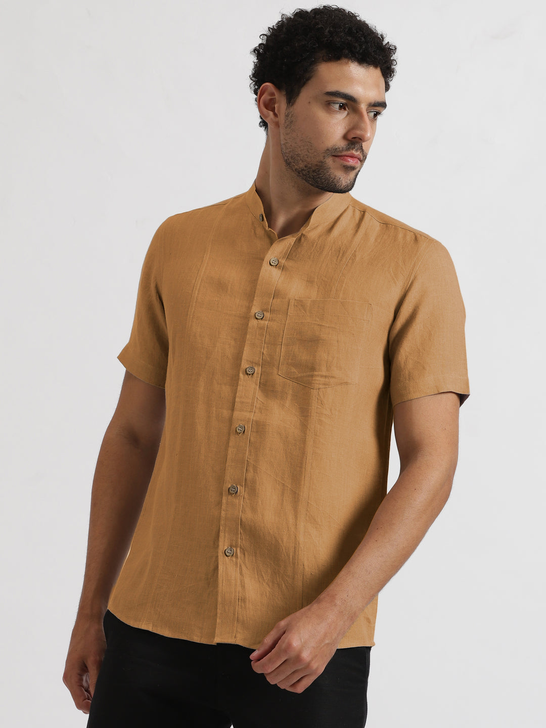 Trevor - Pure Linen Mandarin Collar Half Sleeve Shirt - Mustard Brown