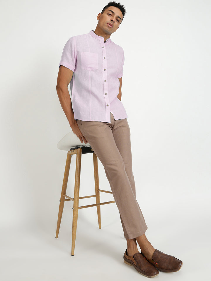 Trevor - Pure Linen Mandarin Collar Half Sleeve Shirt - Light Lilac Pink
