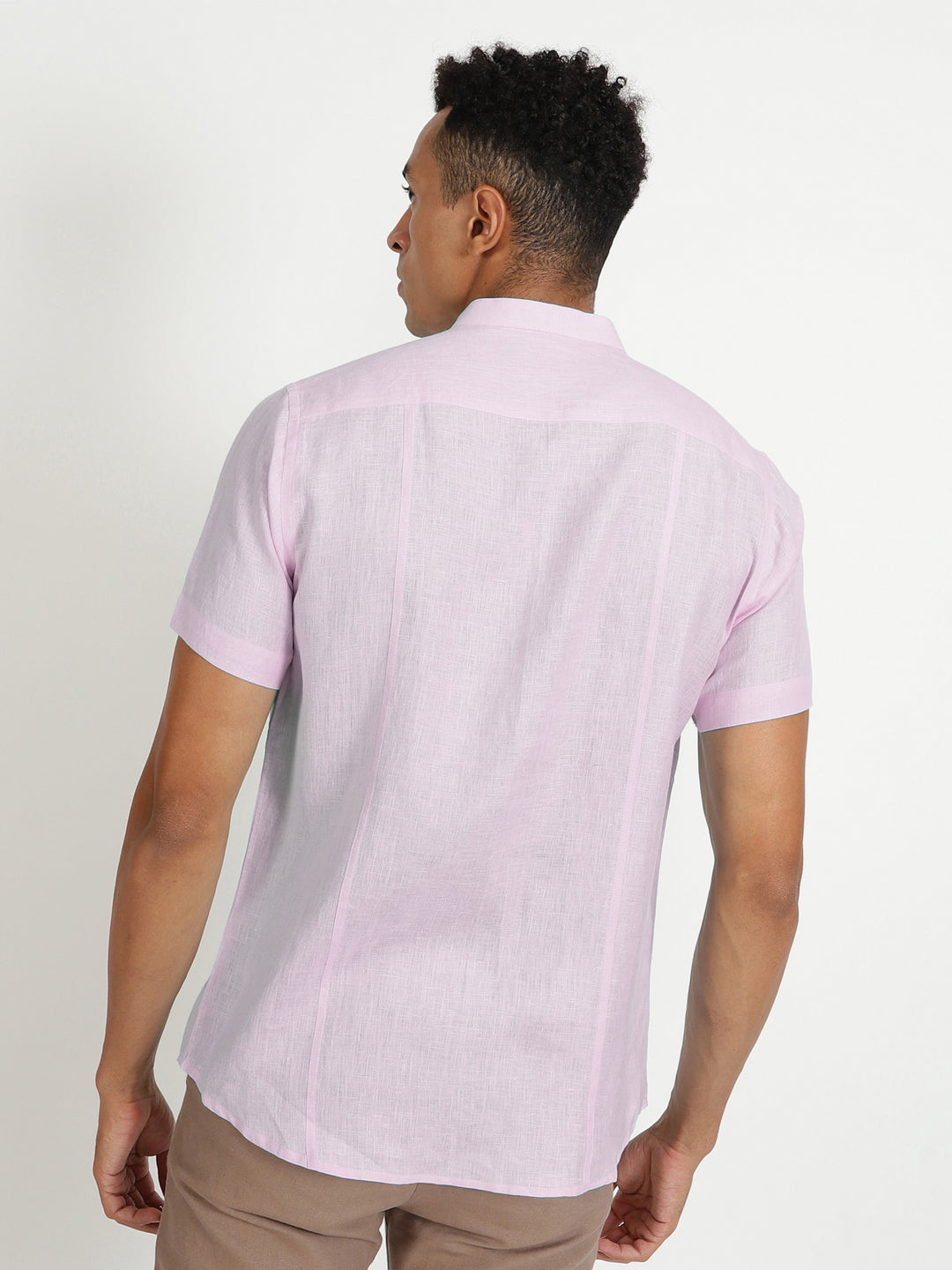 Trevor - Pure Linen Mandarin Collar Half Sleeve Shirt - Light Lilac Pink