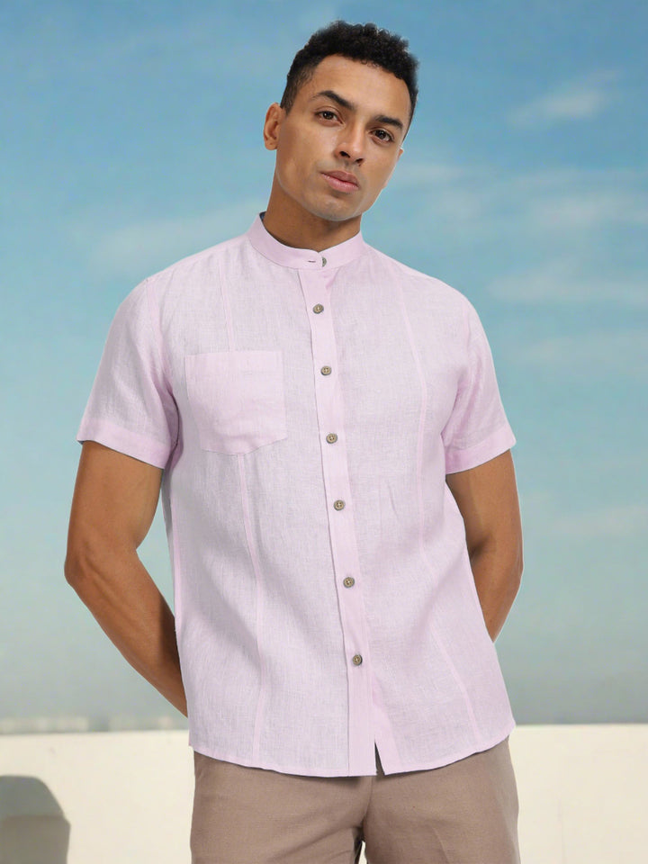 Trevor - Pure Linen Mandarin Collar Half Sleeve Shirt - Light Lilac Pink