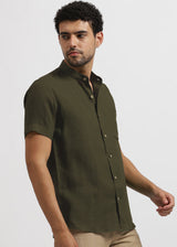 Trevor - Pure Linen Mandarin Collar Half Sleeve Shirt - Moss Green