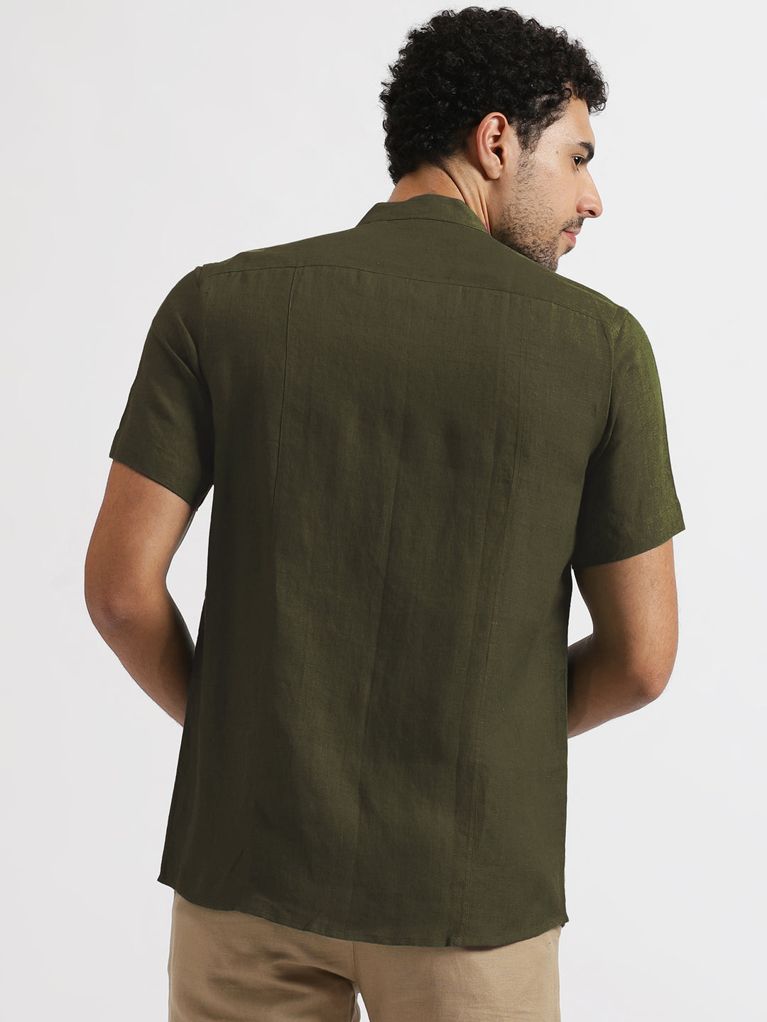 Trevor - Pure Linen Mandarin Collar Half Sleeve Shirt - Moss Green