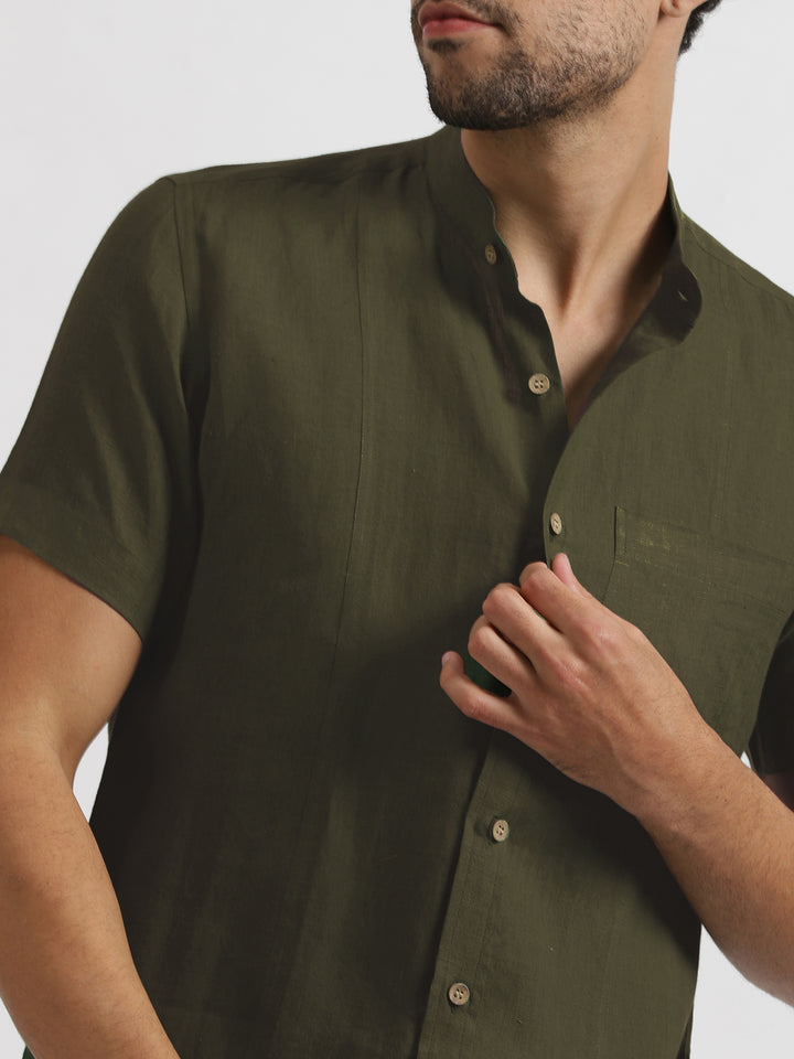 Trevor - Pure Linen Mandarin Collar Half Sleeve Shirt - Moss Green