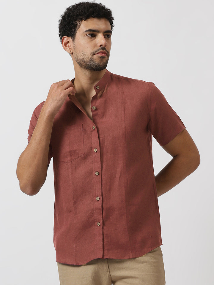 Trevor - Pure Linen Mandarin Collar Half Sleeve Shirt - Terracotta Red