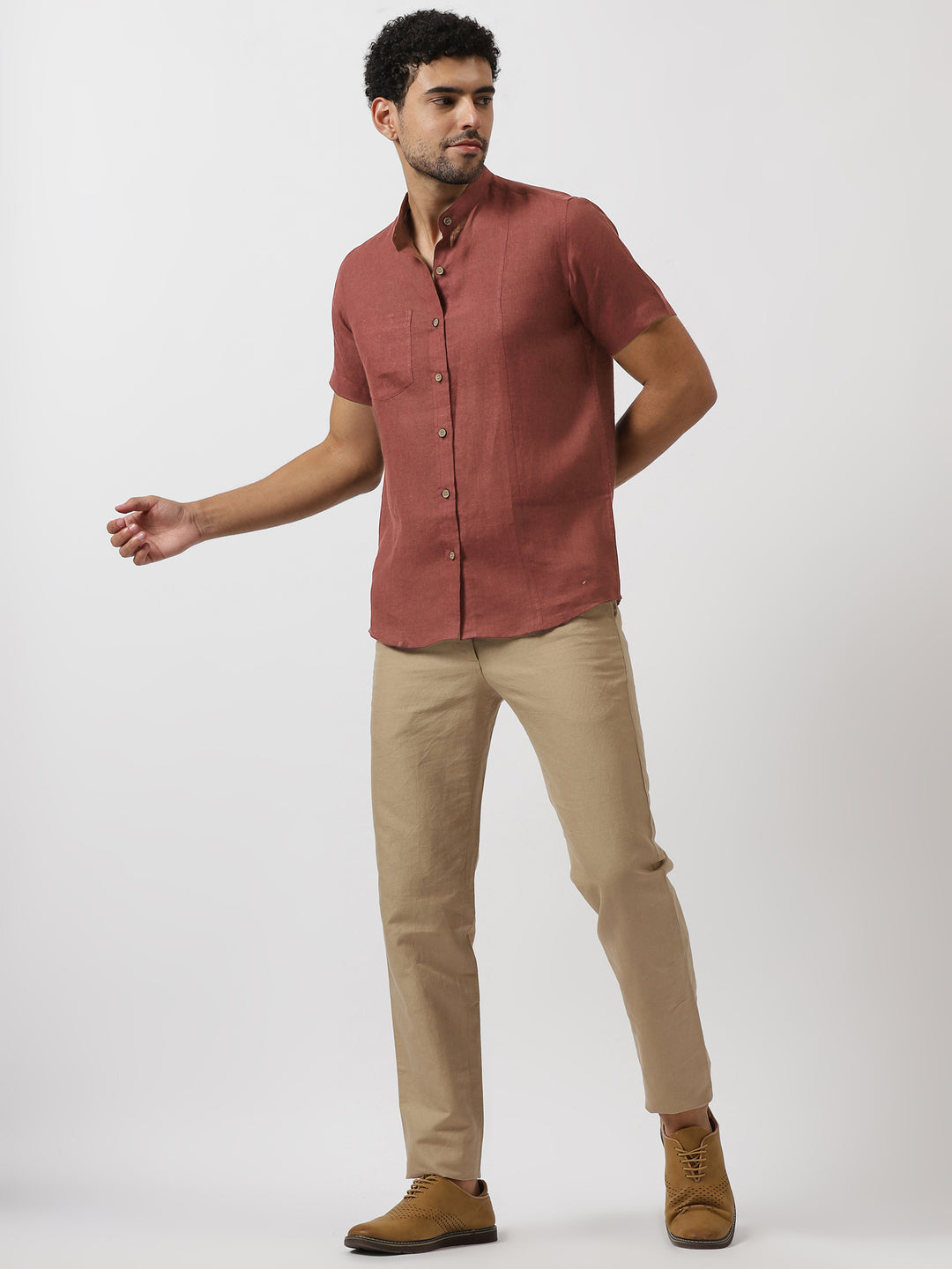 Trevor - Pure Linen Mandarin Collar Half Sleeve Shirt - Terracotta Red