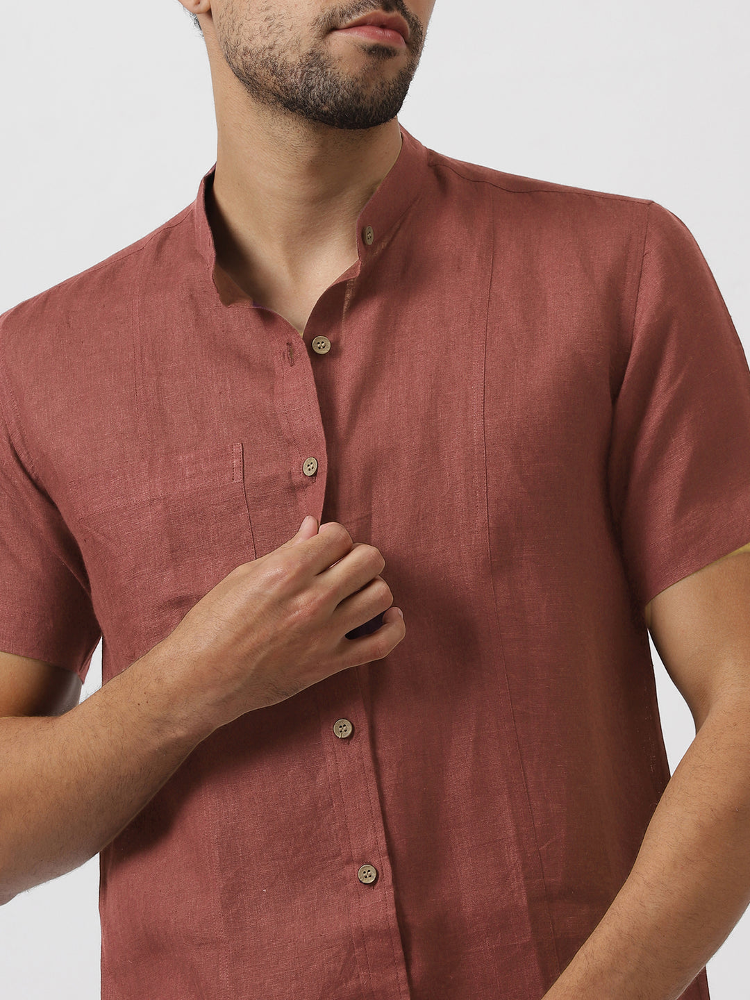 Trevor - Pure Linen Mandarin Collar Half Sleeve Shirt - Terracotta Red