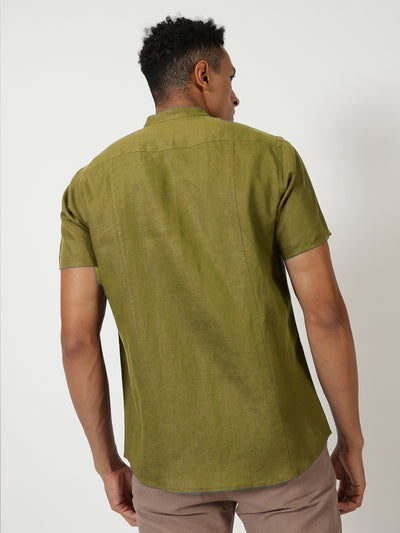 Trevor - Pure Linen Mandarin Collar Half Sleeve Shirt - Sap Green