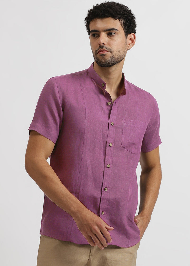 Trevor - Pure Linen Mandarin Collar Half Sleeve Shirt - Berry Purple