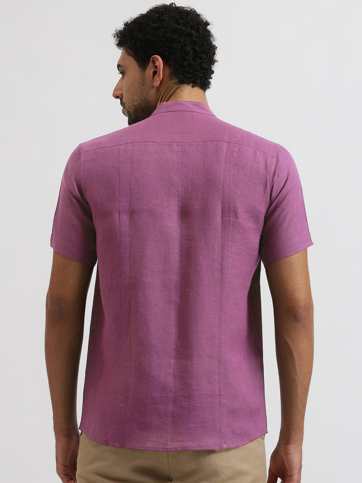 Trevor - Pure Linen Mandarin Collar Half Sleeve Shirt - Berry Purple