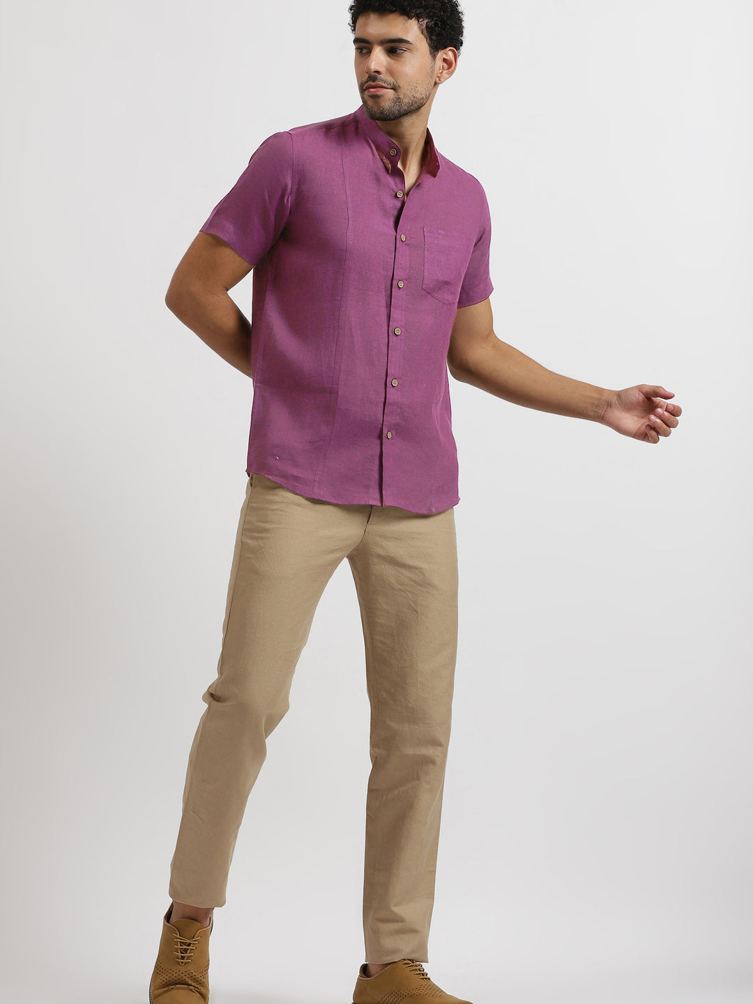 Trevor - Pure Linen Mandarin Collar Half Sleeve Shirt - Berry Purple