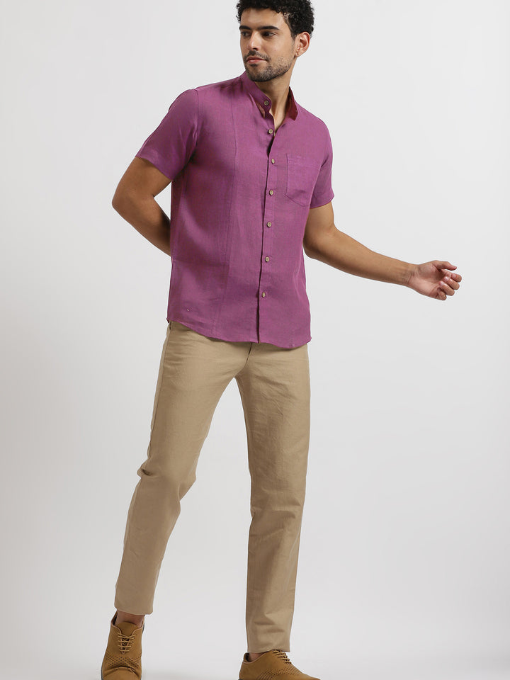 Trevor - Pure Linen Mandarin Collar Half Sleeve Shirt - Berry Purple