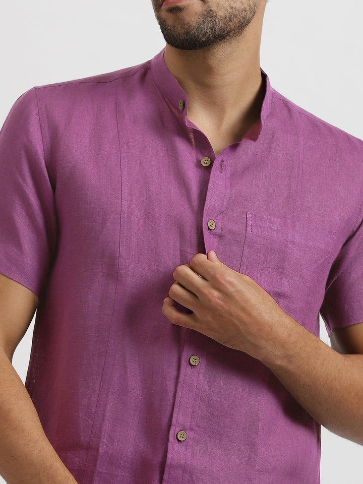 Trevor - Pure Linen Mandarin Collar Half Sleeve Shirt - Berry Purple
