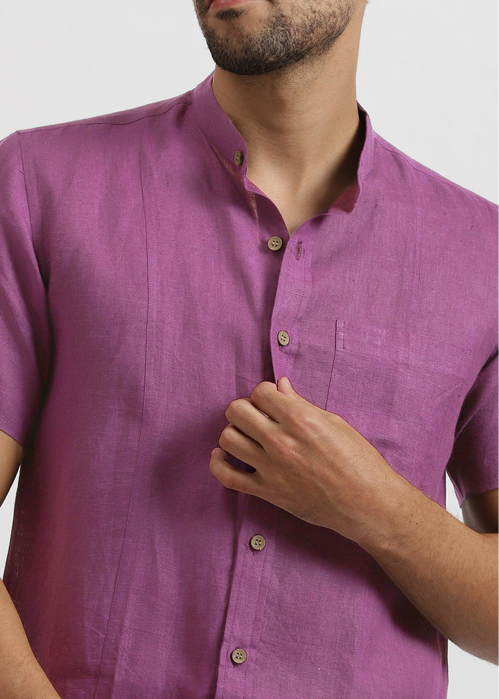 Trevor - Pure Linen Mandarin Collar Half Sleeve Shirt - Berry Purple