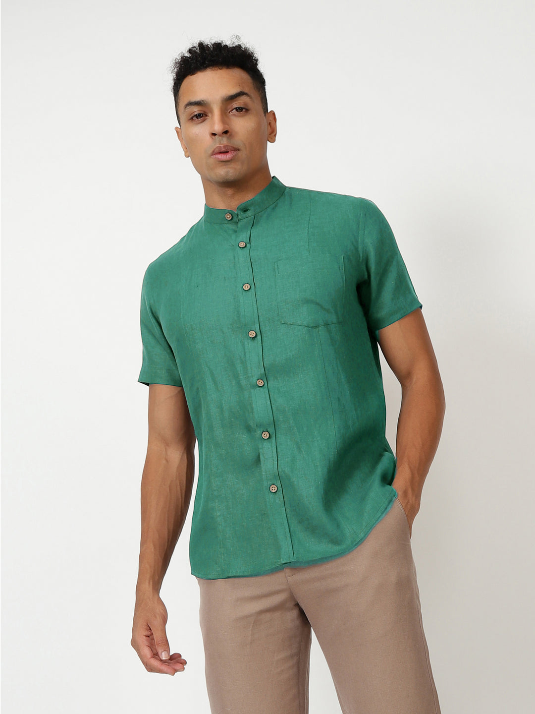 Trevor - Pure Linen Mandarin Collar Half Sleeve Shirt - Teal Green