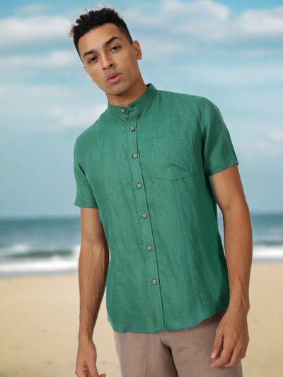 Trevor - Pure Linen Mandarin Collar Half Sleeve Shirt - Teal Green