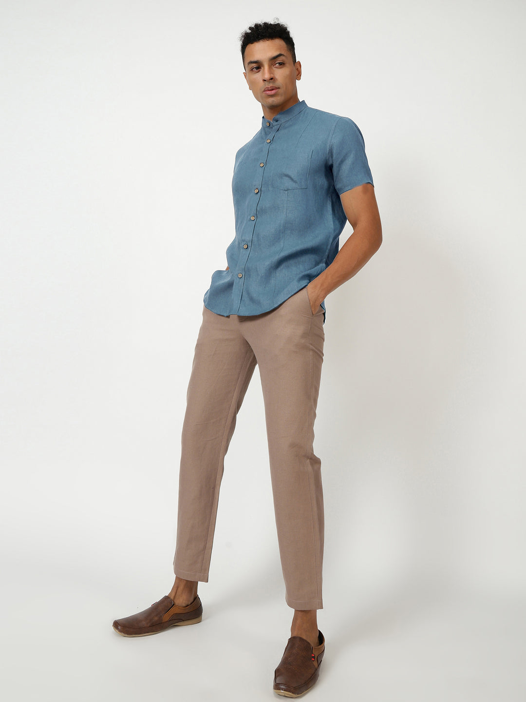 Trevor - Pure Linen Mandarin Collar Half Sleeve Shirt - Blue Grey