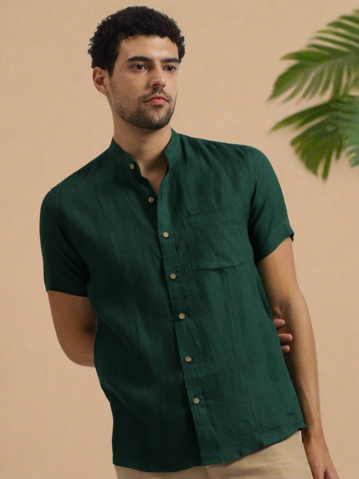 Trevor - Pure Linen Mandarin Collar Half Sleeve Shirt - Dark Pine Green