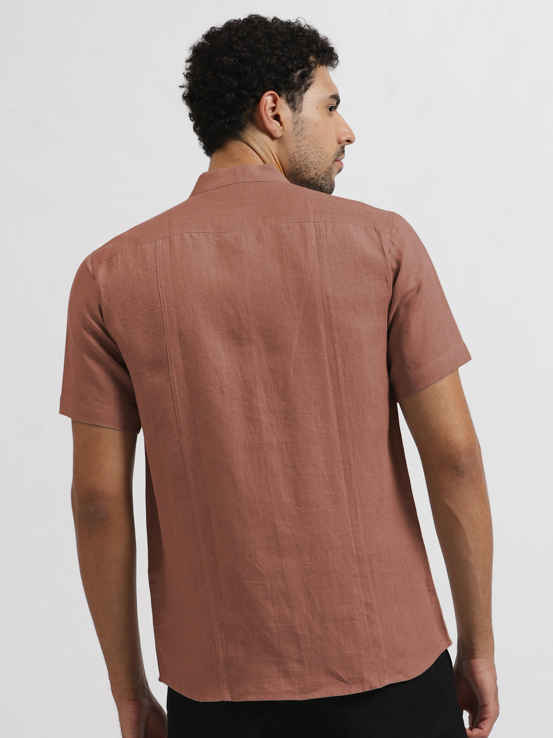 Trevor - Pure Linen Mandarin Collar Half Sleeve Shirt - Fondue Pink