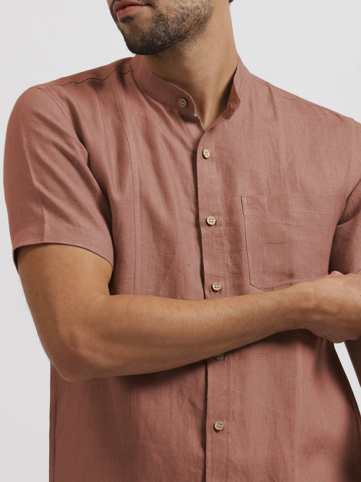 Trevor - Pure Linen Mandarin Collar Half Sleeve Shirt - Fondue Pink