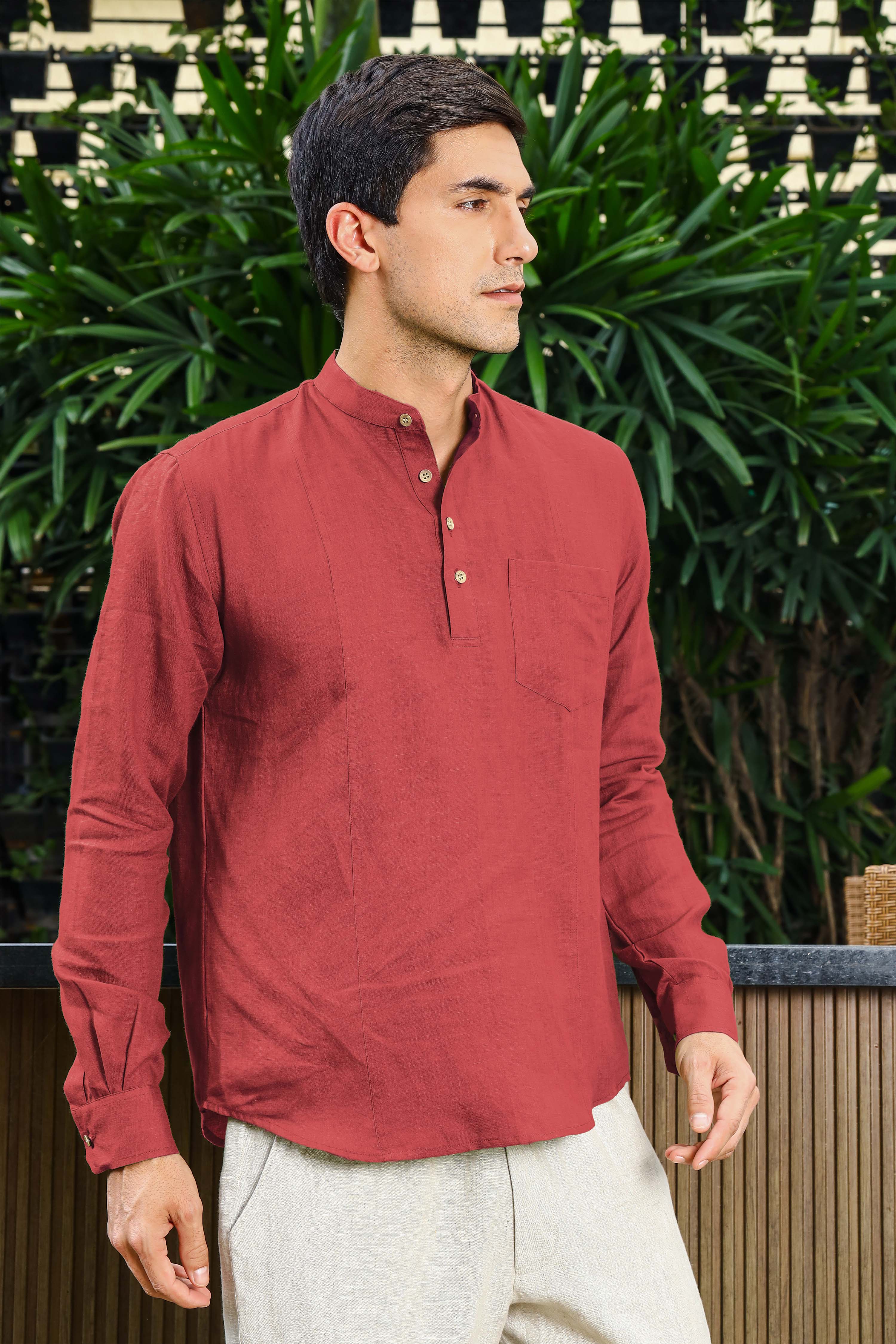 Red Pure Linen Mandarin Collar Half Placket Full Sleeve Shirt