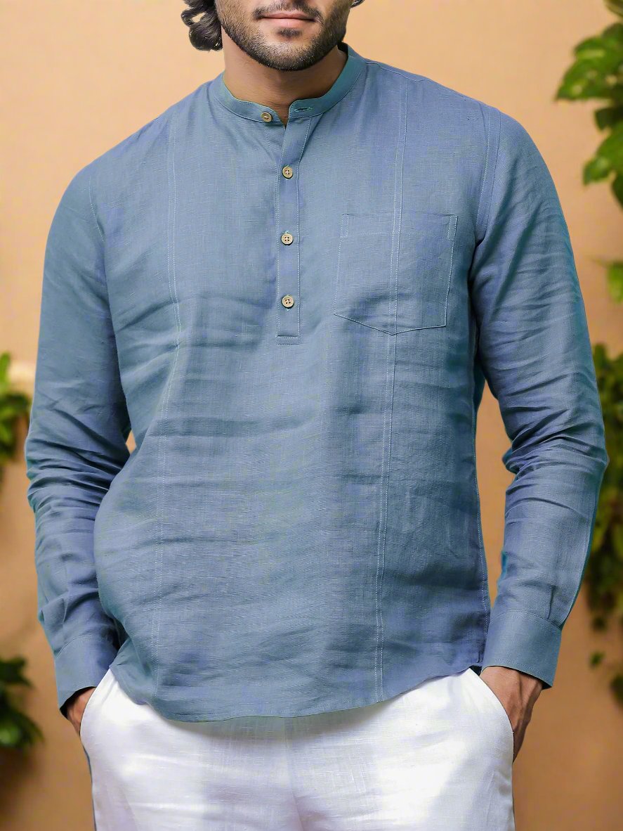 Trevor - Half Placket Pure Linen Full Sleeve Shirt - Vista Blue