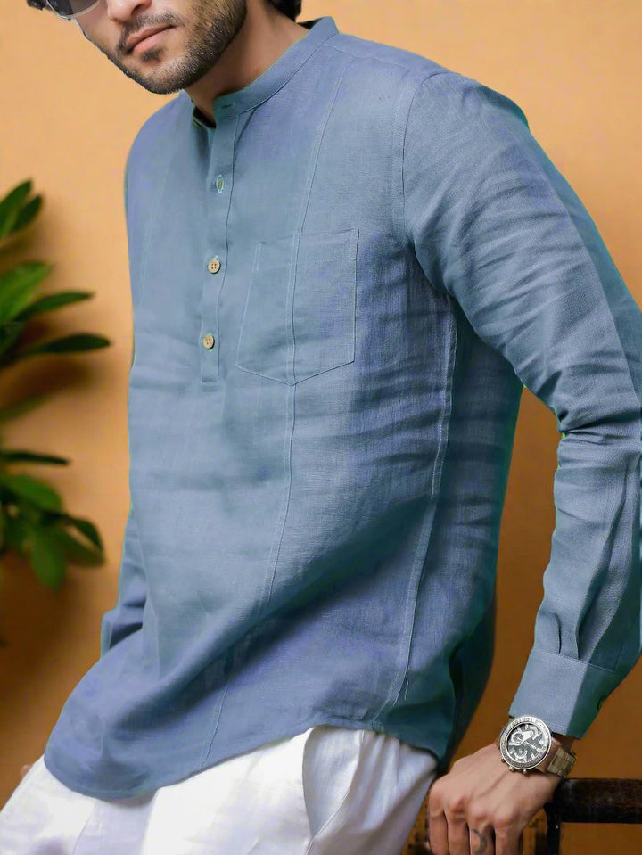 Trevor - Half Placket Pure Linen Full Sleeve Shirt - Vista Blue