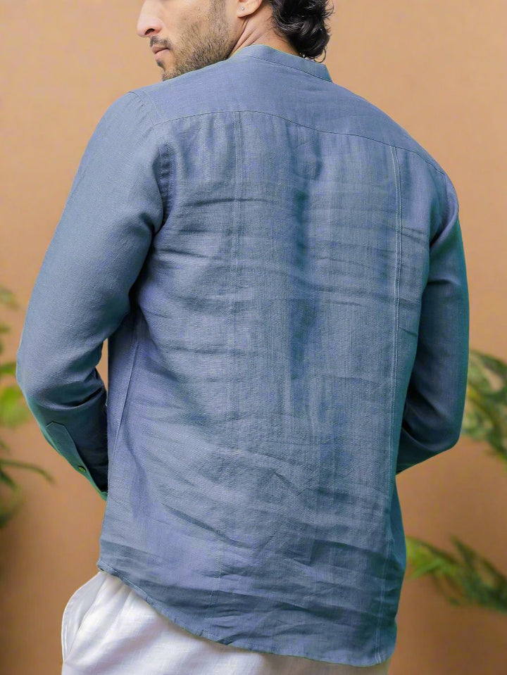 Trevor - Half Placket Pure Linen Full Sleeve Shirt - Vista Blue