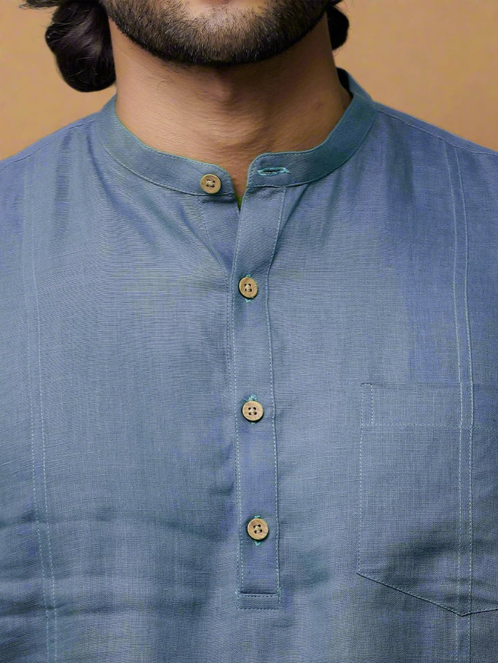 Trevor - Half Placket Pure Linen Full Sleeve Shirt - Vista Blue