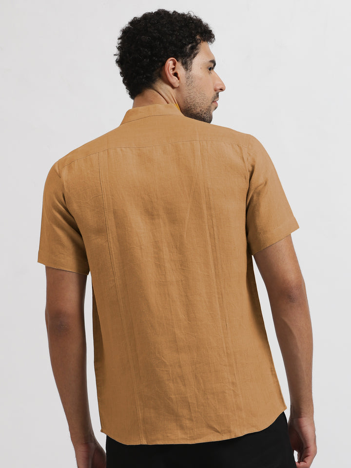 Trevor - Pure Linen Mandarin Collar Half Sleeve Shirt - Mustard Brown