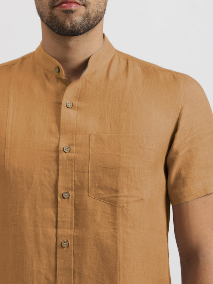 Trevor - Pure Linen Mandarin Collar Half Sleeve Shirt - Mustard Brown