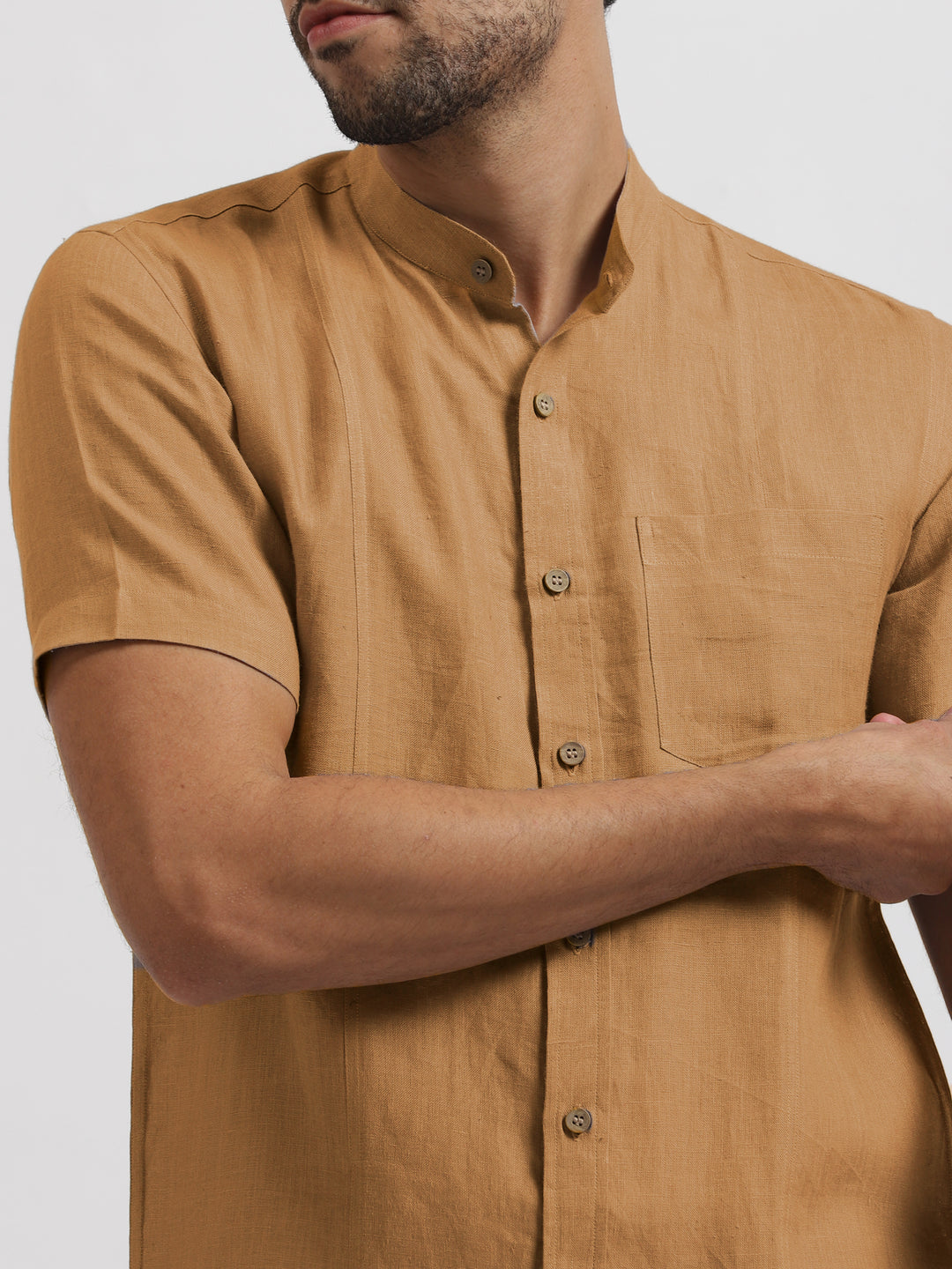 Trevor - Pure Linen Mandarin Collar Half Sleeve Shirt - Mustard Brown