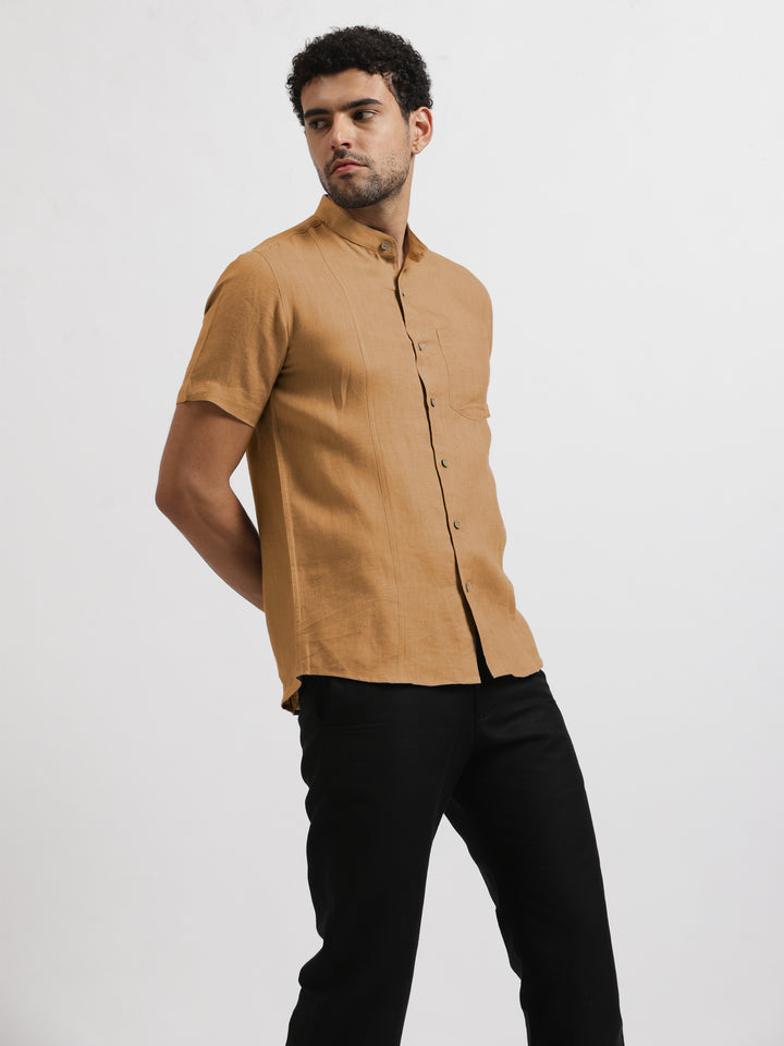 Trevor - Pure Linen Mandarin Collar Half Sleeve Shirt - Mustard Brown