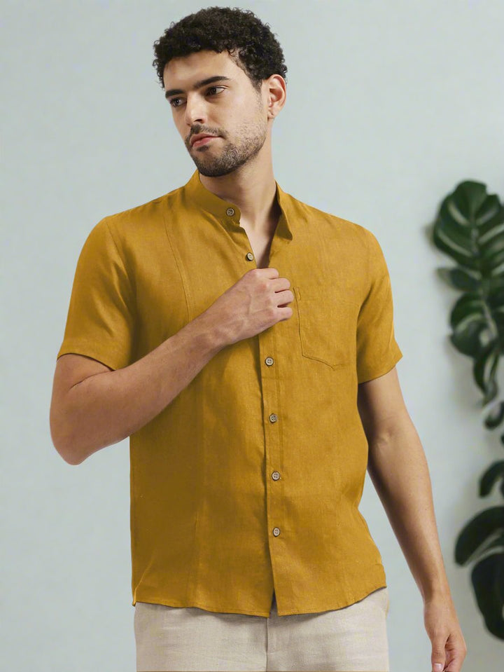 Trevor - Pure Linen Mandarin Collar Half Sleeve Shirt - Spicy Mustard