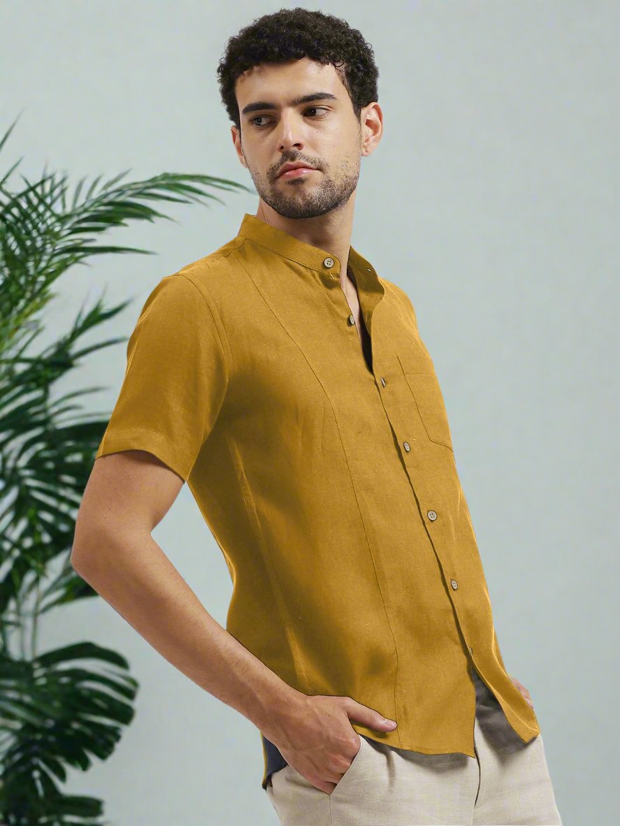 Trevor - Pure Linen Mandarin Collar Half Sleeve Shirt - Spicy Mustard