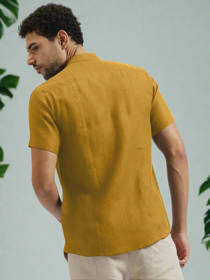 Trevor - Pure Linen Mandarin Collar Half Sleeve Shirt - Spicy Mustard