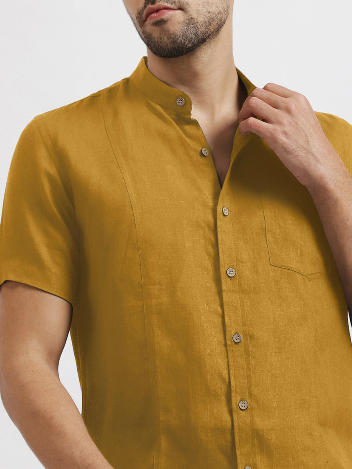 Trevor - Pure Linen Mandarin Collar Half Sleeve Shirt - Spicy Mustard