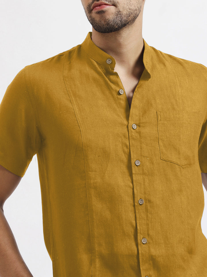 Trevor - Pure Linen Mandarin Collar Half Sleeve Shirt - Spicy Mustard