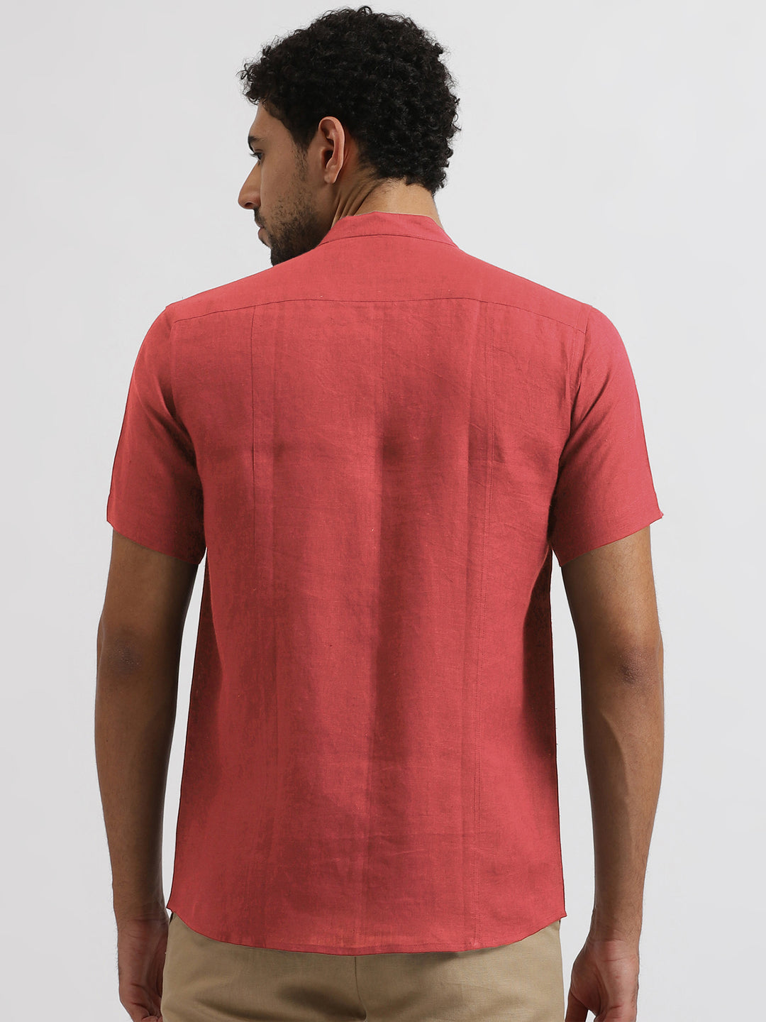 Trevor - Pure Linen Mandarin Collar Half Sleeve Shirt - Terracotta Red