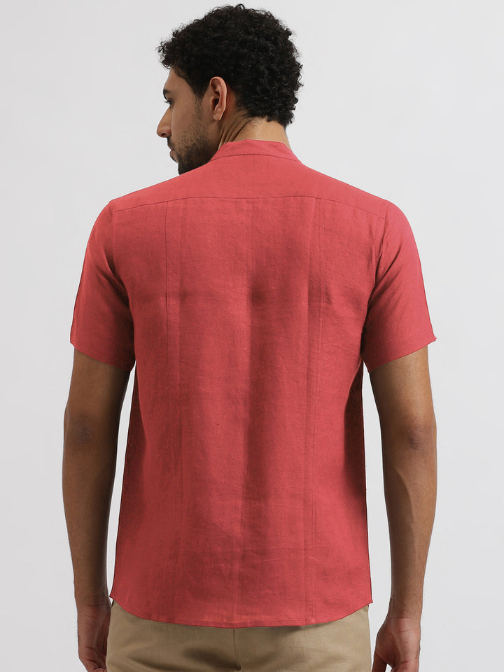 Trevor - Pure Linen Mandarin Collar Half Sleeve Shirt - Terracotta Red