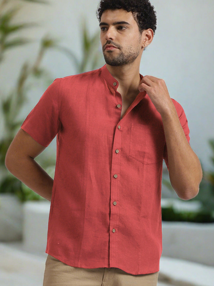Trevor - Pure Linen Mandarin Collar Half Sleeve Shirt - Terracotta Red