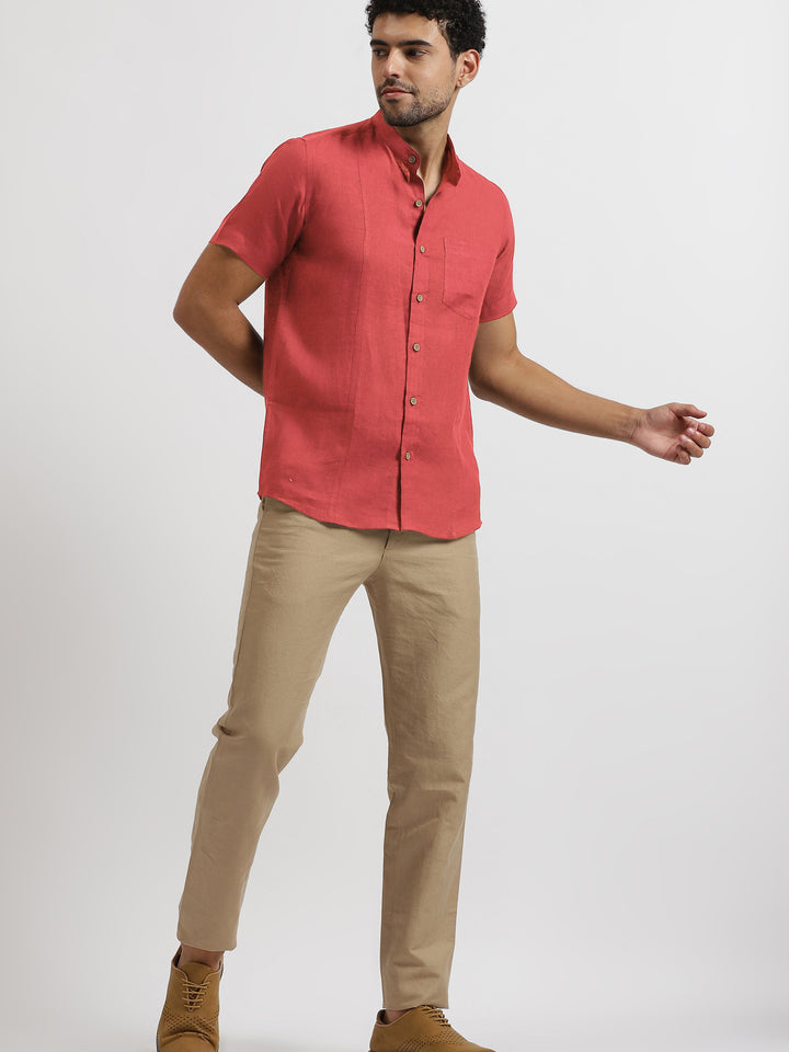 Trevor - Pure Linen Mandarin Collar Half Sleeve Shirt - Terracotta Red
