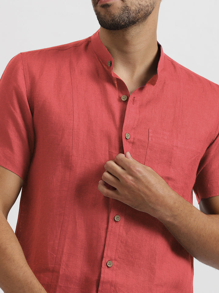 Trevor - Pure Linen Mandarin Collar Half Sleeve Shirt - Terracotta Red
