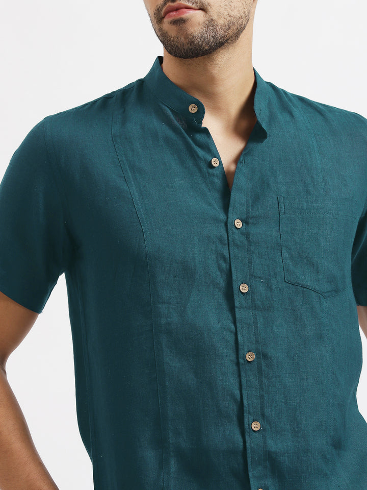 Trevor - Pure Linen Mandarin Collar Half Sleeve Shirt - Midnight Blue